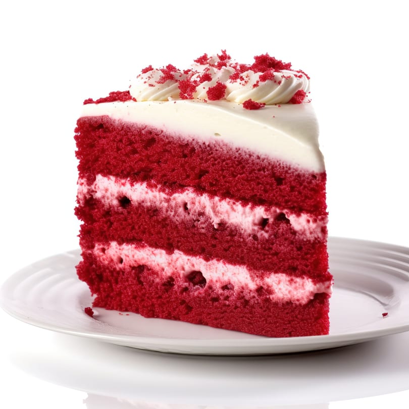 A slice of red velvet cake with white cream cheese frosting and red sprinkles on a white plate.